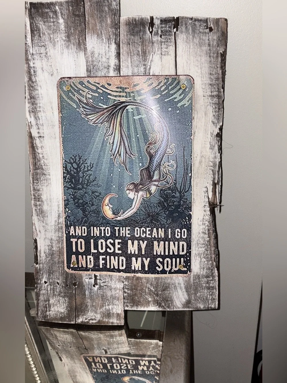 Sea Mermaid Wall Art Sign in Teal and White Mounted on Cape Cod Driftwood